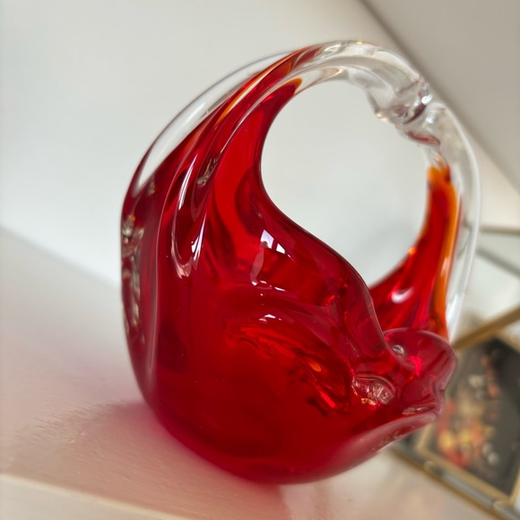 Murano Art Glass Hand Blown Sommerso Basket Joined Handles Submerged Ruby Red - Picture 4 of 8